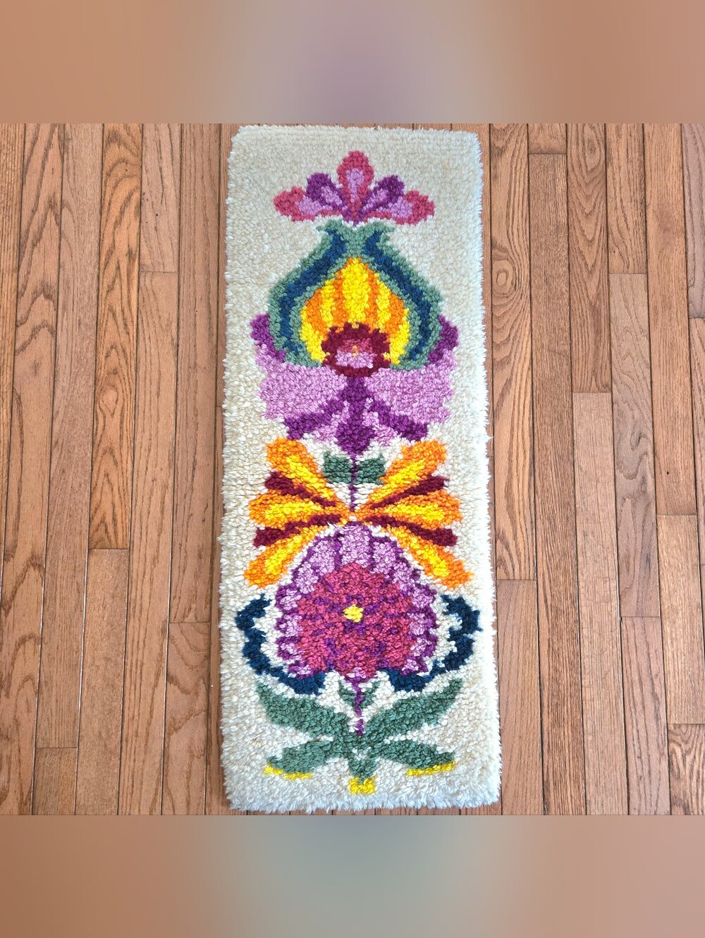 Vintage 70s Latch Hook Rug Wall Hanging Mod Floral Scandinavian Shag 14"x38"